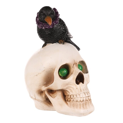 Lebka s havranem - Halloween, polyresin, LED osvětlení