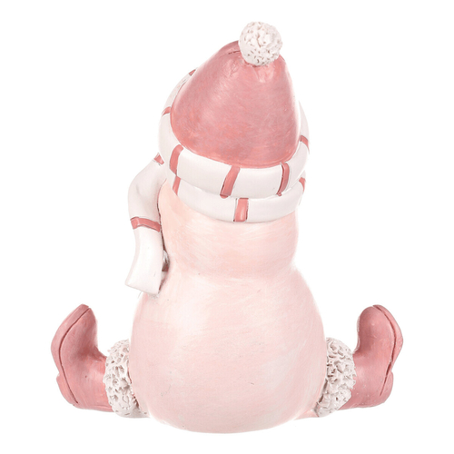 Sněhulák - polyresiová figurka, sedící, růžový obleček a čepka