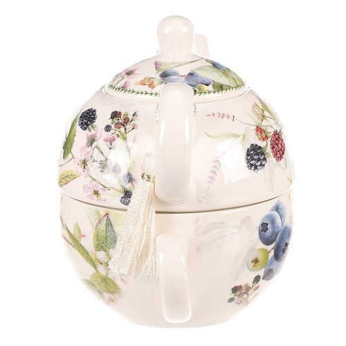 Konvička se šálkem - dárkový set v krabičce, porcelán, bílý s lesními plody