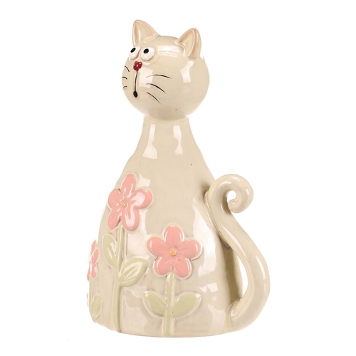 Kočka - keramická figurka, dekor květin, vel. L, žluto-zelená
