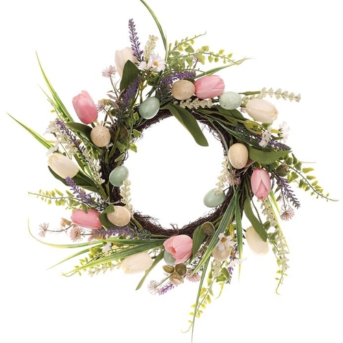 Věnec umělý - pr. 45 cm, zeleň, barevná vajíčka a květy