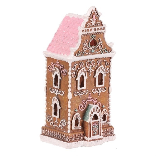 Domeček perníkový - polyresin, LED osvětl., hnědý s barevným zdobením