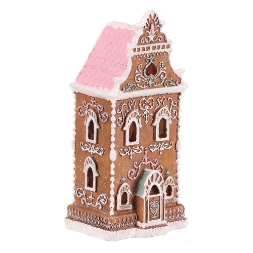 Domeček perníkový - polyresin, LED osvětl., hnědý s barevným zdobením