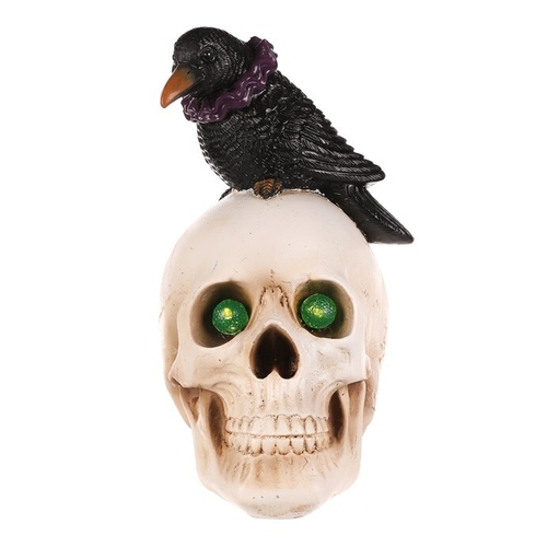 Lebka s havranem - Halloween, polyresin, LED osvětlení
