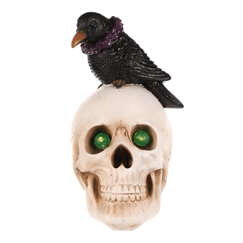 Lebka s havranem - Halloween, polyresin, LED osvětlení