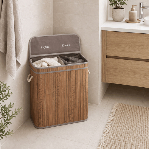 Koš prádelní - bambusový, s víkem, šedo-hnědý