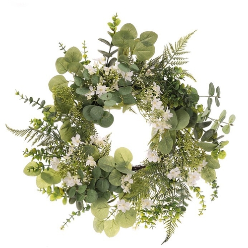 Věnec umělý - pr. 50 cm, zeleň a bílé květy