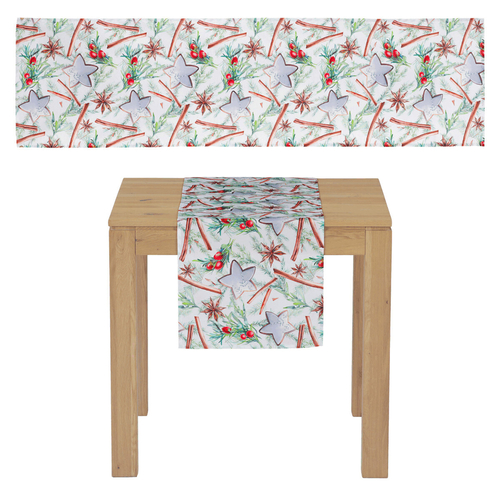 Běhoun s vánočním motivem - bílý podklad, 100% polyester, 40 x 150 cm.