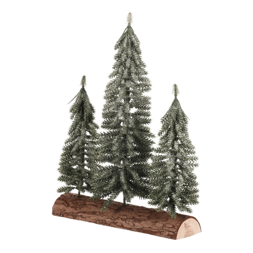 Smrk na špalku - trojice, mini, 34 cm, zelená, ojíněná