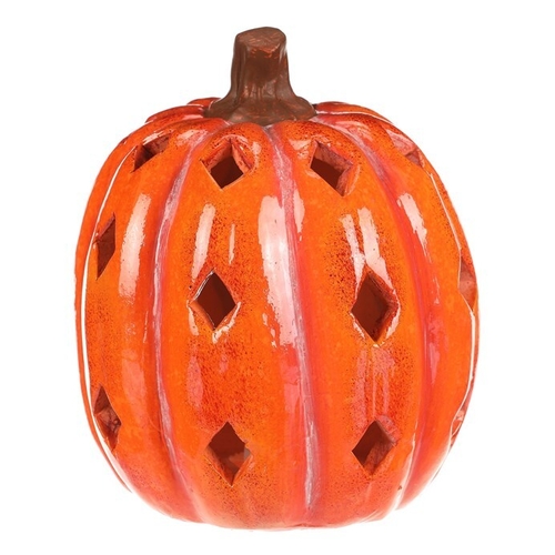 Dýně s otvory - keramika, LED osvětlení, oranžová