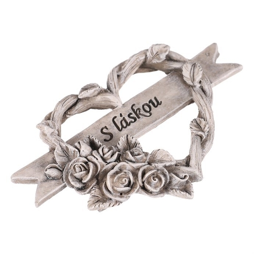 Srdce s růžemi a stuhou - pietní, polyresin, šedá
