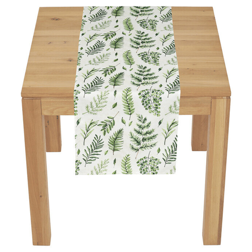Běhoun - mix zelených listů, bílý základ, 100 % polyester, 40 x 150 cm