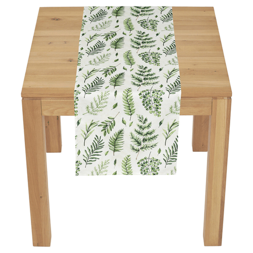 Běhoun - mix zelených listů, bílý základ, 100 % polyester, 40 x 150 cm