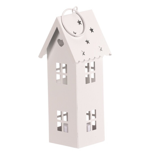 Lucerna mini - kovová, LED svíčka, patrový domek, bílá