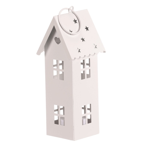 Lucerna mini - kovová, LED svíčka, patrový domek, bílá