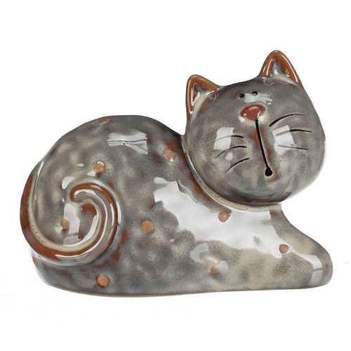 Kočka - keramická figurka, ležící, vel. M, hnědá