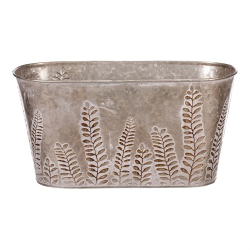 Truhlík z kovu na květiny, v tmavě krémové barvě s kapradím