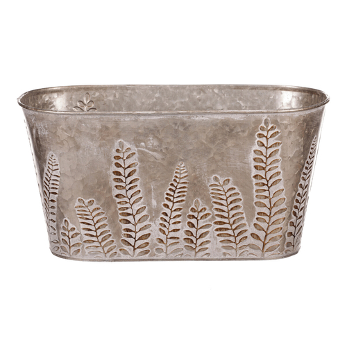 Truhlík z kovu na květiny, v tmavě krémové barvě s kapradím