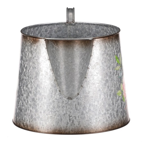 Kovový obal na květiny, tvar konve. Design s růžemi.