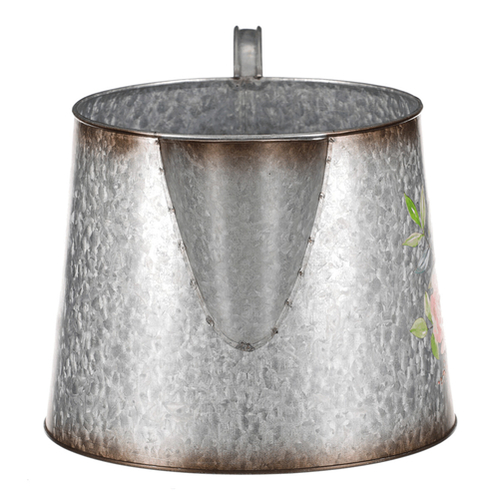 Kovový obal na květiny, tvar konve. Design s růžemi.