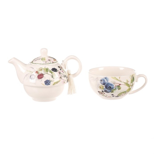 Konvička se šálkem - dárkový set v krabičce, porcelán, bílý s lesními plody