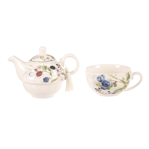 Konvička se šálkem - dárkový set v krabičce, porcelán, bílý s lesními plody