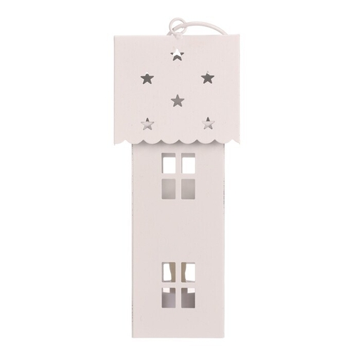 Lucerna mini - kovová, LED svíčka, patrový domek, bílá