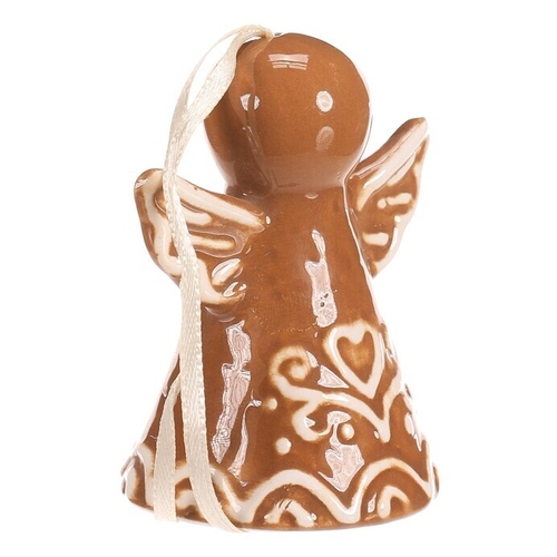 Zvonek perníkový - keramika, tvar anděl, závěsný, hnědý