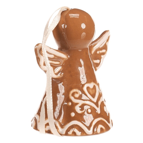 Zvonek perníkový - keramika, tvar anděl, závěsný, hnědý