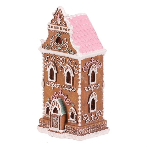 Domeček perníkový - polyresin, LED osvětl., hnědý s barevným zdobením