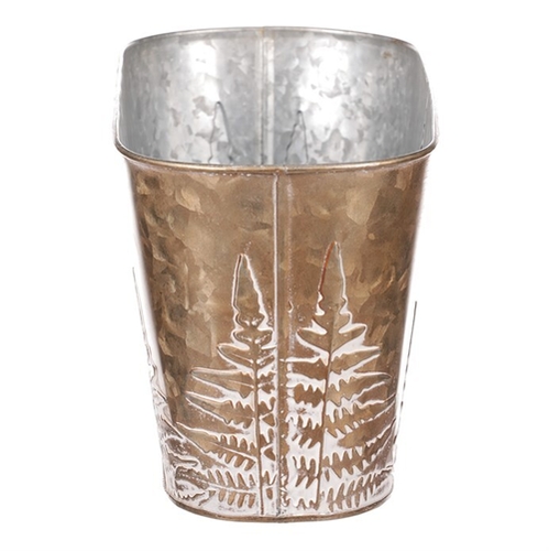 Truhlík z kovu na květiny, v  měděné barvě s kapradím.