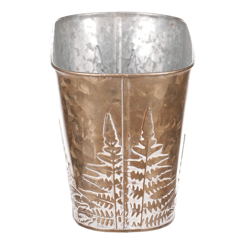 Truhlík z kovu na květiny, v  měděné barvě s kapradím.