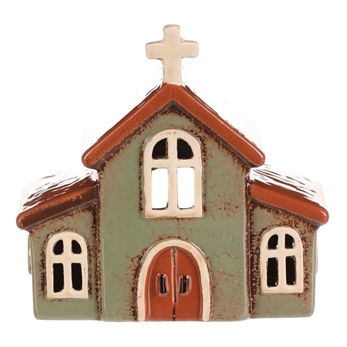 Domeček keramický - kostelík, na čajovou svíčku, zelený