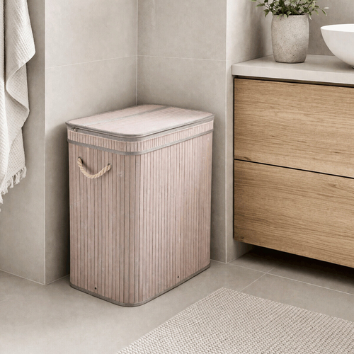 Koš prádelní - bambusový, s víkem, šedý