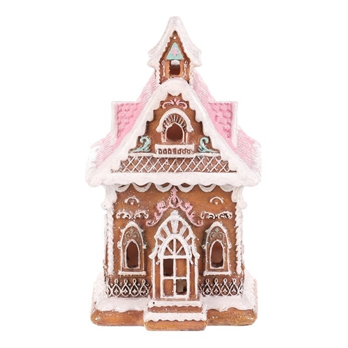 Domeček perníkový - polyresin, LED osvětl., hnědý s barevným zdobením
