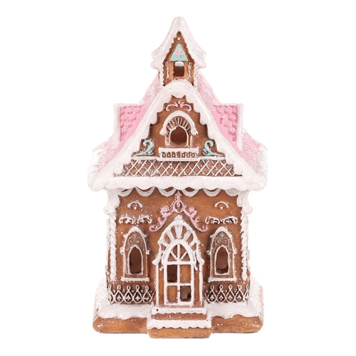 Domeček perníkový - polyresin, LED osvětl., hnědý s barevným zdobením