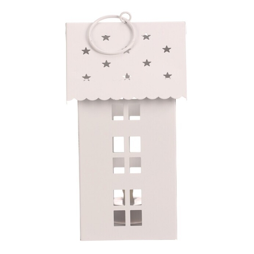 Lucerna mini - kovová, LED svíčka, patrový domek, bílá