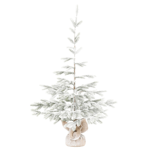Stromek v jutovém obalu - umělý smrk, 120 cm, zasněžený