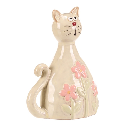 Kočka - keramická figurka, dekor květin, vel. M, žluto-zelená