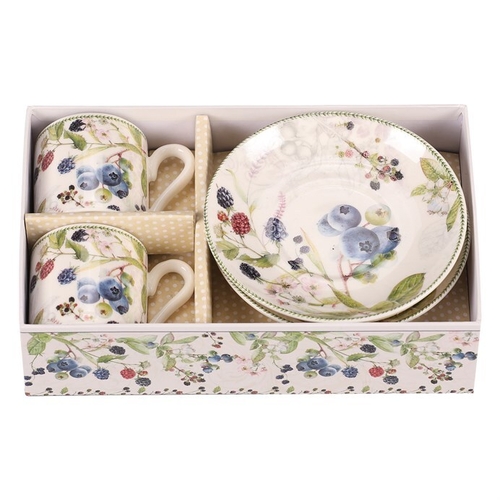 Hrneček s podšálky po 2 kusech - dárkový set, porcelán, bílý s lesními plody
