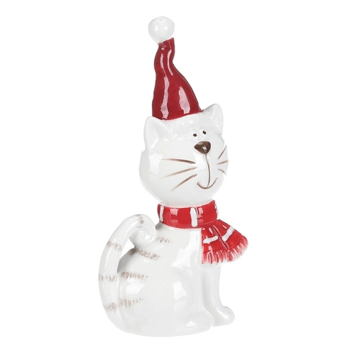 Kočka se šálou - keramická figurka, vel. M, červeno-bílý