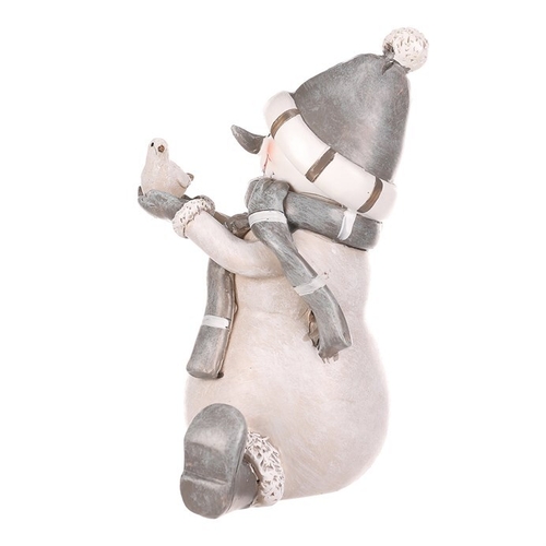 Sněhulák - polyresiová figurka, sedící, šedý obleček a čepka