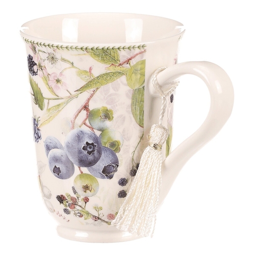 Hrneček v dárkové dóze - porcelán, bílý s lesními plody