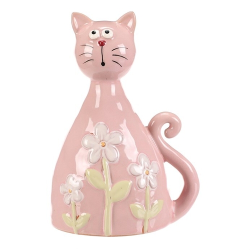 Kočka - keramická figurka, dekor květin, vel. L, růžová