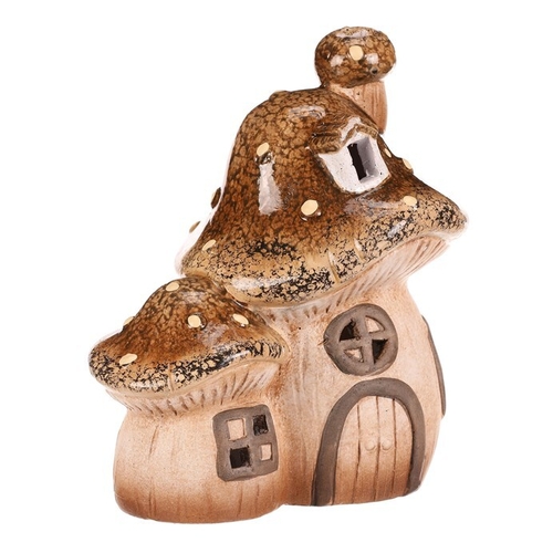 Domeček keramický - houba, dvojice, s LED osvětlením, hnědý