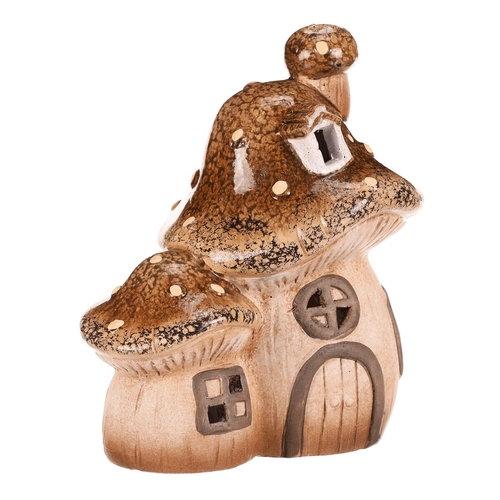 Domeček keramický - houba, dvojice, s LED osvětlením, hnědý