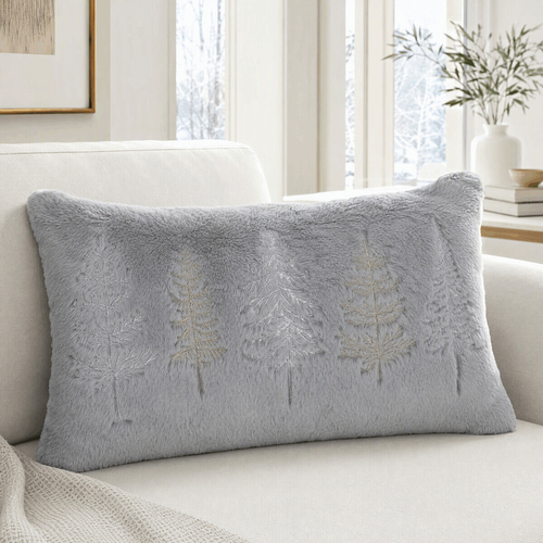 Polštář s výplní - umělá kožešina, vánoční, šedý, 100% polyester, 50 x 30 cm