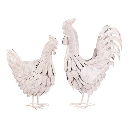 Slepice a kohout - kov s patinou, barva bílá, cena za 1 ks