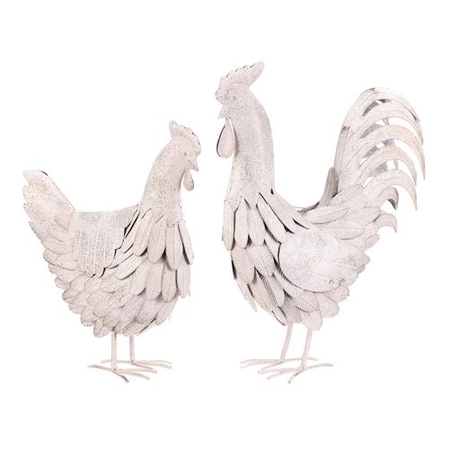 Slepice a kohout - kov s patinou, barva bílá, cena za 1 ks