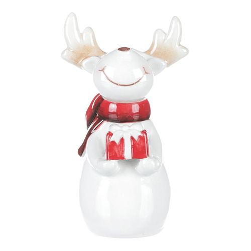 Sob s červenou šálou - keramická figurka, barva bílá
